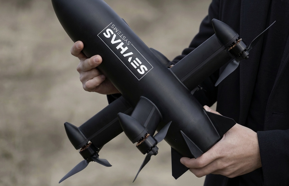 Operator holding a black SevHas Systems FPV quadcopter